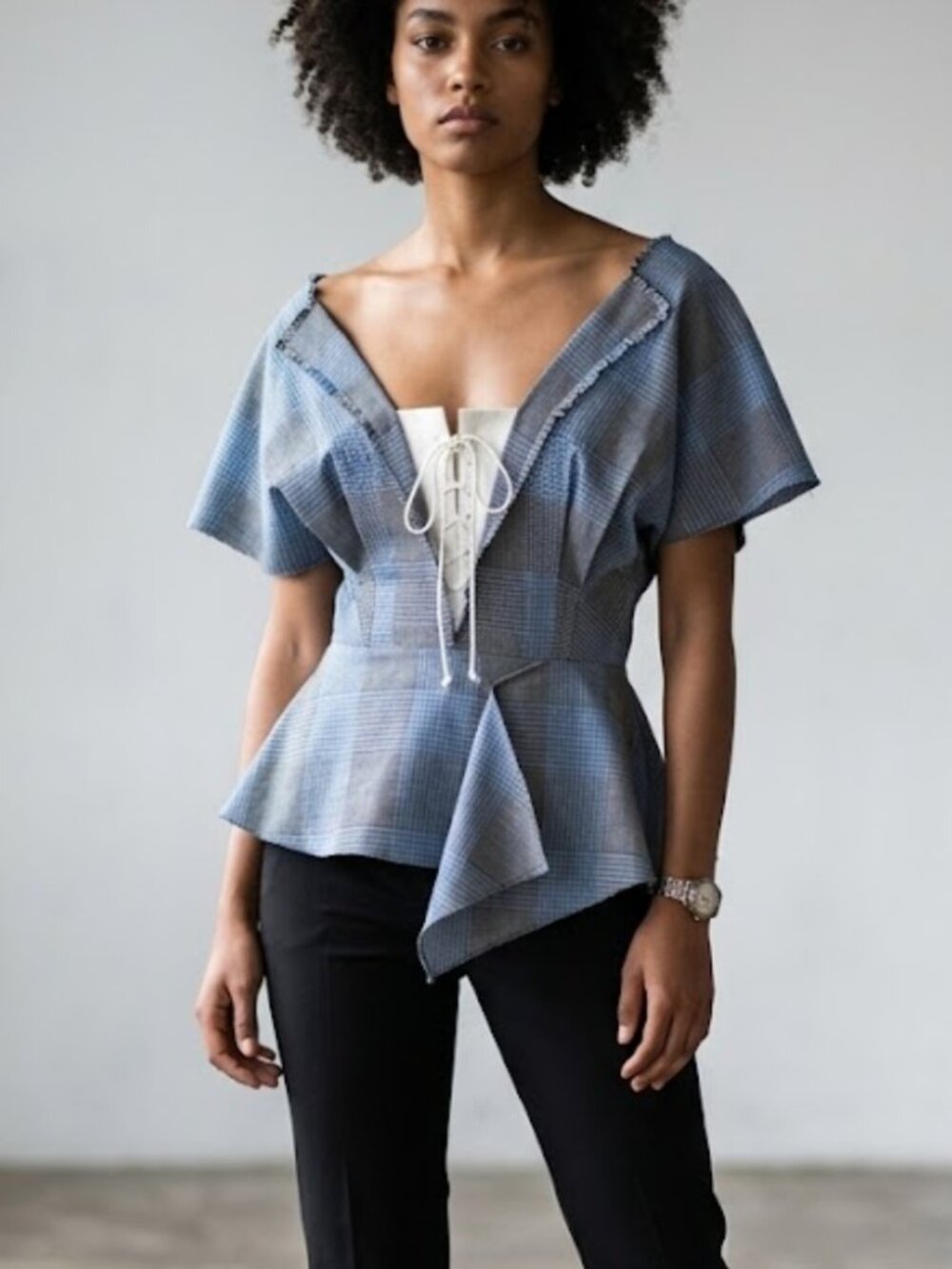 Roland Mouret Blue Deconstructed Plaid Corset Peplum Top Unique Artisanal Size 8